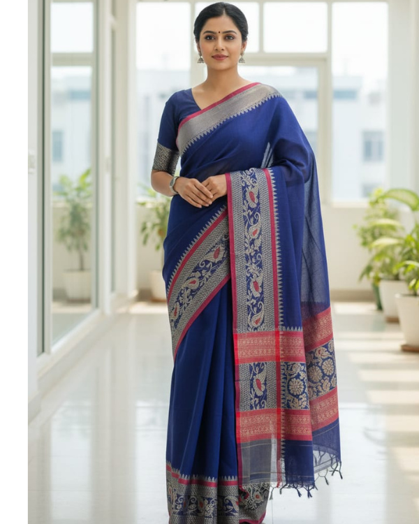 Khadi Saree with Intricate Jacquard-Style Border