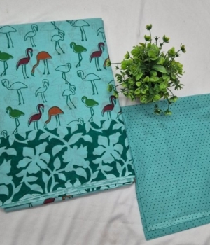 Aqua Green Flamingo Print Pure Cotton Saree with Polka Dot Blouse