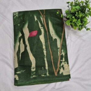 Deep Forest Green Abstract Tree & Petal Print Pure Cotton Saree