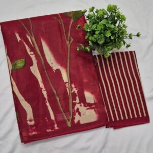 Deep Maroon Abstract Nature Print Pure Cotton Saree with Striped Blouse