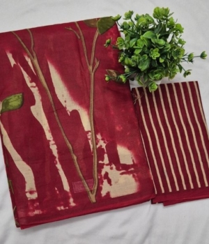 Deep Maroon Abstract Nature Print Pure Cotton Saree with Striped Blouse