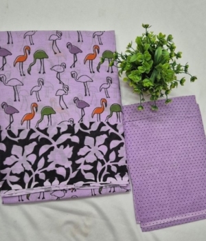 Grey Flamingo & Floral Print Pure Cotton Saree with Polka Dot Blouse