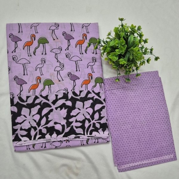 Grey Flamingo & Floral Print Pure Cotton Saree with Polka Dot Blouse
