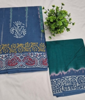 Indigo Blue & Emerald Green Batik-Print Pure Cotton Saree with Contrast Blouse