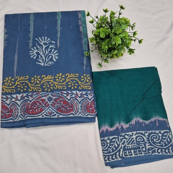 Indigo Blue & Emerald Green Batik-Print Pure Cotton Saree with Contrast Blouse