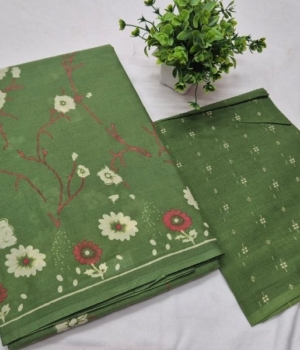 Leaf Green Floral Pure Cotton Saree with Blouse