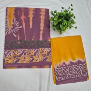 Mauve & Mustard Batik-Print Pure Cotton Saree with Contrast Blouse