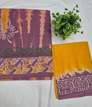 Mauve & Mustard Batik-Print Pure Cotton Saree with Contrast Blouse