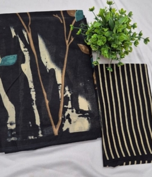 Midnight Black Abstract Nature Print Pure Cotton Saree with Striped Blouse