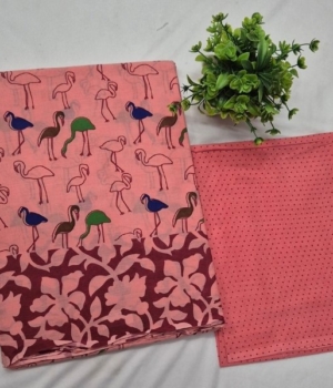 Peach-Pink Flamingo Print Pure Cotton Saree with Polka Dot Blouse