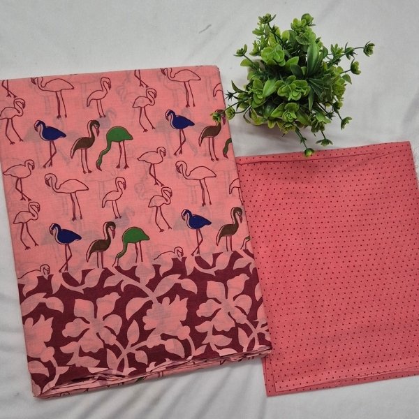 Peach-Pink Flamingo Print Pure Cotton Saree with Polka Dot Blouse