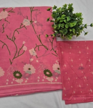 Rose Pink Floral Pure Cotton Saree with Blouse