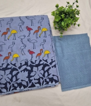 Sky Blue Flamingo Print Pure Cotton Saree with Blouse