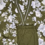 Olive Green Patterned V-Neck Pure Cotton Kurti Set