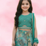 Kids Teal Blue Embroidered Choli Set with Embellished Dupatta