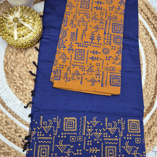 Navy Blue & Mustard Yellow Tribal Print Saree