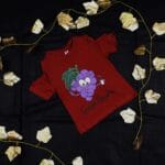 Kids Maroon Cotton Knit T-shirt with Glitter Floral Motif Print