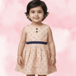 Light Pink Rayon Printed Frock with Sleeveless Pleated Neck