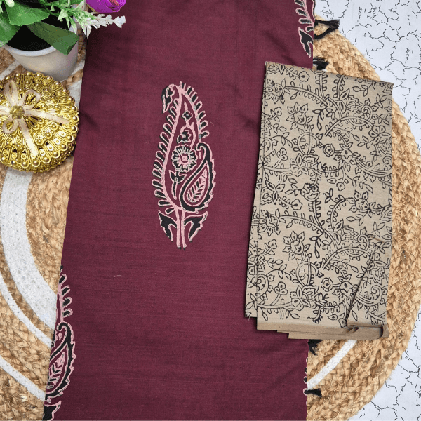Wine Maroon & Beige Floral Print Saree