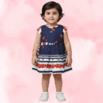 Navy Blue Pure Cotton Frock with Printed Yoke and Ruffle Sleeves