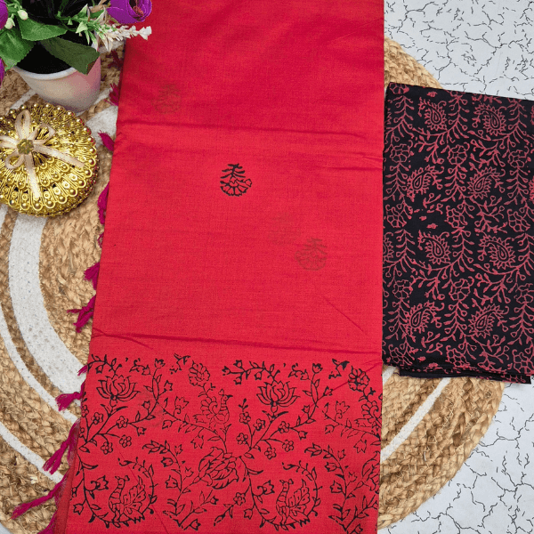 Crimson Red & Black Floral Border Saree