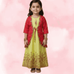 Kids Golden Yellow Frock with Brocade Bottom and Detachable Red Bolero Coat