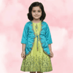Girls Lime Green Frock with Floral Print and Detachable Aqua Blue Coat