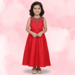 Red Silk Blend Anarkali Frock with Contrast Thread Embroidery