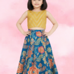 Girls Mustard & Navy Blue Floral Print Lehenga Choli Set