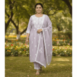 Roman Silk Lilac Chikankari Round-Neck Kurti Set with Dupatta