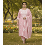 Roman Silk Dusty Pink Chikankari Round-Neck Kurti Set with Dupatta