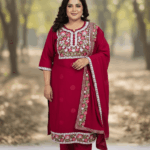Maroon Roman Silk Kurti Set with Heavy Multi-Color Embroidery