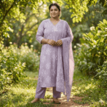 Lilac Soft Cotton Kurti Set with White Embroidery V-Neck