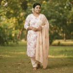 Cream White Floral Printed Kurti Set with Pastel Accents