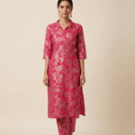 Fuchsia Pink Silver Foil Print Co-ord Set with Collar Neck