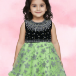 Lime Green Printed Net Frock with Black Sequin Yoke