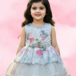 Sky Blue Net Party Frock with Floral Applique & Sleeveless Yoke