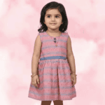 Pink & Grey Striped Rayon Frock with Contrast Blue Waistband