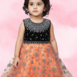 Rust Orange Grand Party Frock with Heavy Embellished Black Yoke