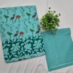 Aqua Green Flamingo Print Pure Cotton Saree with Polka Dot Blouse