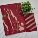 Deep Maroon Abstract Nature Print Pure Cotton Saree with Striped Blouse
