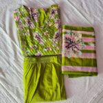 Cotton Lime Green V-Neck Pleated Kurti Set