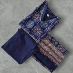Navy Blue V-Neck Pure Cotton Suit Set with Printed Border Dupatta