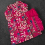 Vibrant Rani Pink V-Neck Straight Kurti Set with Multi-Color Floral Print
