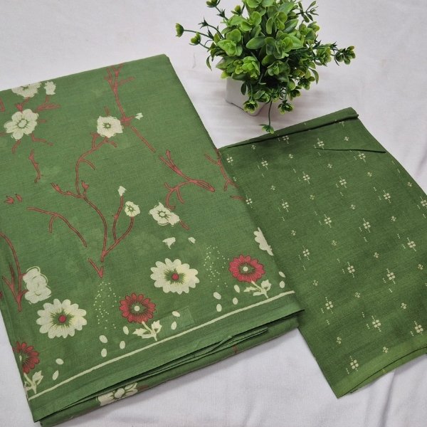 Leaf Green Floral Pure Cotton Saree with Blouse