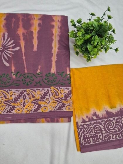 Mauve & Mustard Batik-Print Pure Cotton Saree with Contrast Blouse