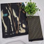 Midnight Black Abstract Nature Print Pure Cotton Saree with Striped Blouse