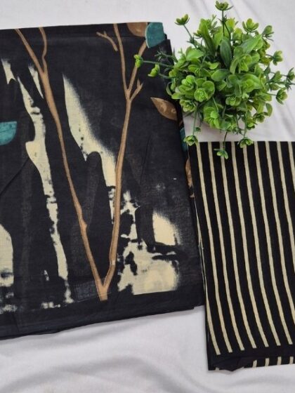 Midnight Black Abstract Nature Print Pure Cotton Saree with Striped Blouse