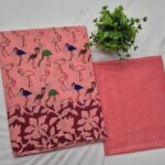 Peach-Pink Flamingo Print Pure Cotton Saree with Polka Dot Blouse