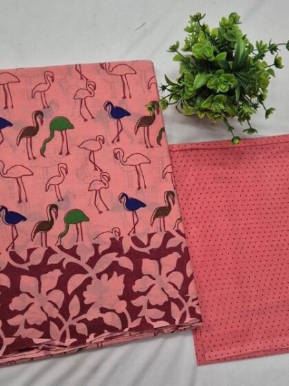Peach-Pink Flamingo Print Pure Cotton Saree with Polka Dot Blouse